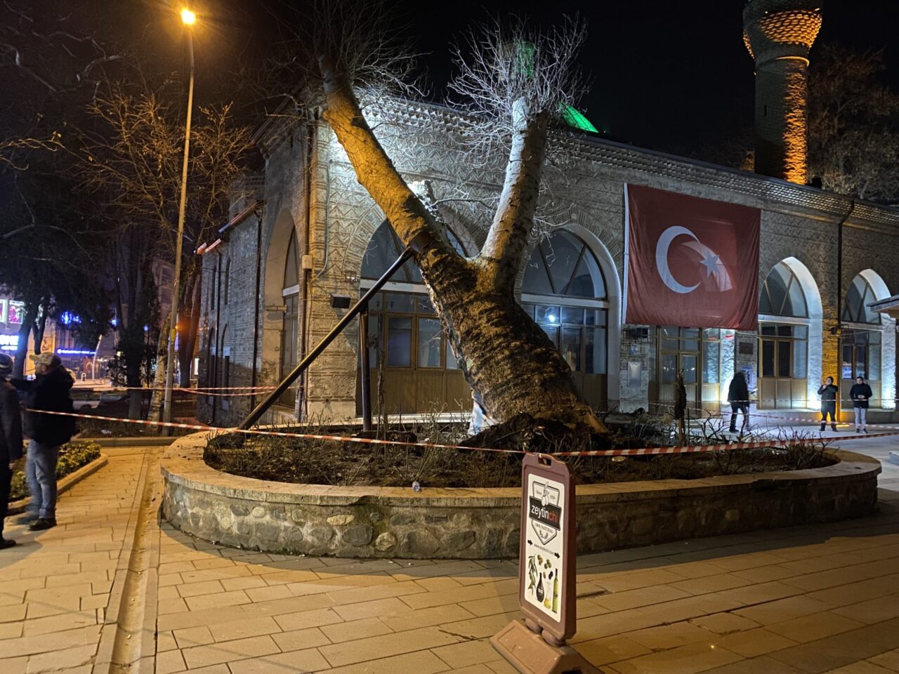 İnegöl’ün asırlık çınarı devrildi! 600 yıllık İshakpaşa Camii’nin girişinde bulunan asırlık çınar ağacı kökünden