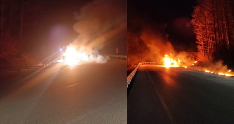 Uludağ’dan inen otomobil yolda alev topuna döndü Edinilen bilgiye göre olay, Bursa Uludağ yolu Hüseyin Alan köyü