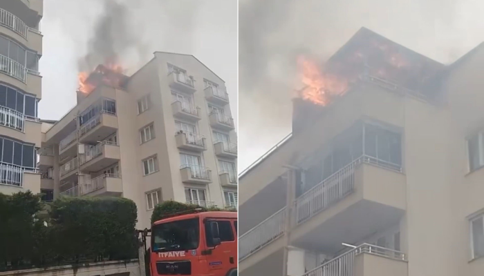 Bursa’da 5 katlı binanın çatısı alevlere teslim oldu Merkez Nilüfer ilçesi Görükle Mahallesindeki 5 katlı apartmanın çatı katında