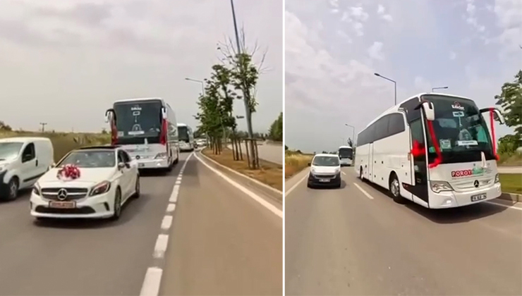 Bursa’da düğün konvoyunda tehlikeli anlar! Bursa’da düğün konvoyunda yer alan süslenmiş bir otobüs dikkat çekti.