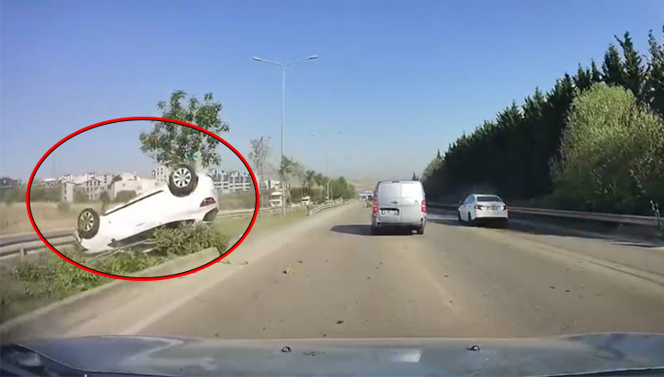 Bursa’da takla atan araçta mucize kurtuluş! Bursa'nın Nilüfer ilçesinde kontrolden çıkan otomobil, bariyerleri aşarak ters yöne