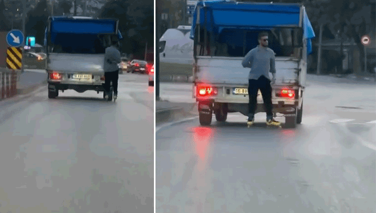 Bursa’da tehlikeli yolculuk kamerada Bursa'da seyir halindeki kamyonetin arkasına tutunarak seyahat eden patenli genç,