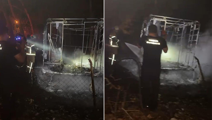 Bursa'nın İznik ilçesinde sahil kenarında park halinde bulunan bir karavan;