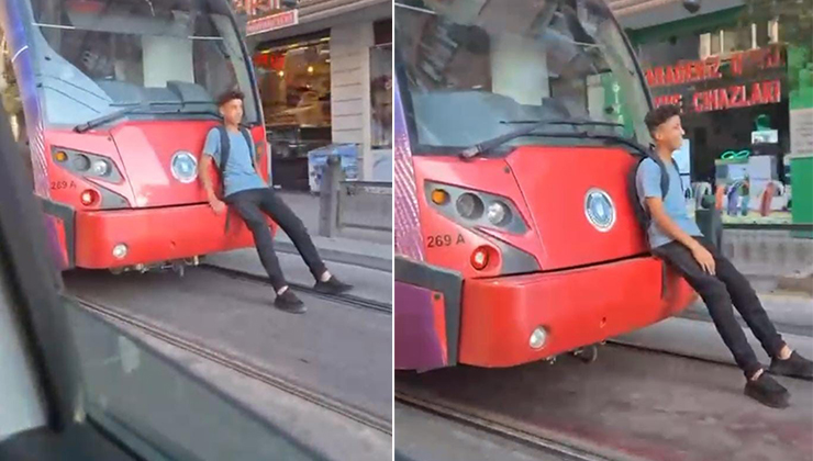 Bursa’da tramvayla tehlikeli oyun Bursa'da, seyir halindeki tramvayın arkasına oturarak yolculuk yapan bir çocuk