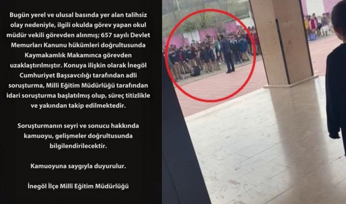 Bursa’da öğrenciye şiddet uygulayan okul müdürü cumhuriyet savcısına ifade verdi Bursa'nın İnegöl ilçesinde bayrak töreninde bir öğrenciyi itekleyerek darbeden okul