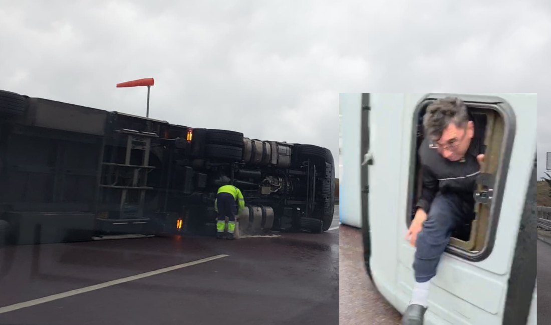 Bursa’da kuvvetli fırtına tırı devirdi rsa İstanbul otobanında fırtına viyadükten geçen bir tırı devirdi. Tır sürücüsü