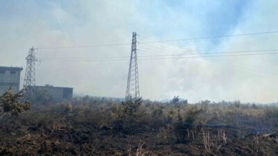 Çanakkale’nin Biga ilçesinde tarım arazisinde çıkan yangına havadan ve karadan