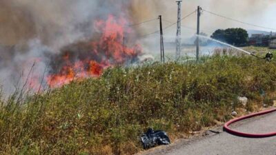 Balıkesir’in Burhaniye ilçesinde, Çanakkale-İzmir Karayolu kıyısında çıkan ot yangınını itfaiye