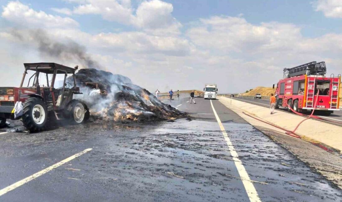 Saman balyası yüklü römork alev alev yandı, traktör kullanılamaz hale geldi Tekirdağ’ın Hayrabolu ilçesinde saman balyası yüklü römorkta çıkan yangın paniğe