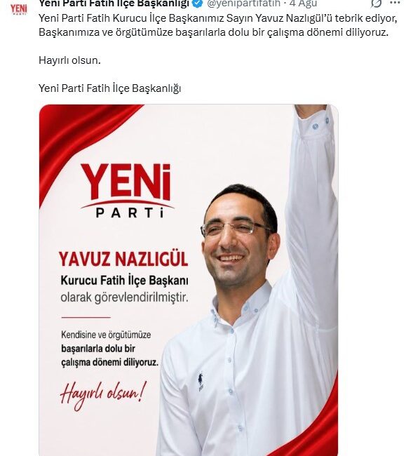 Yeni Parti’de skandal karar: DHKP-C’li Yavuz Nazlıgül “başkan” olarak atandı Terör örgütü DHKP-C mensubu olmak ve çeşitli eylemlere karışmaktan dolayı