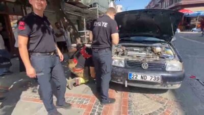 Edirne’de bir otomobilin kaput kısmına giren yavru kedi, itfaiye ekiplerinin