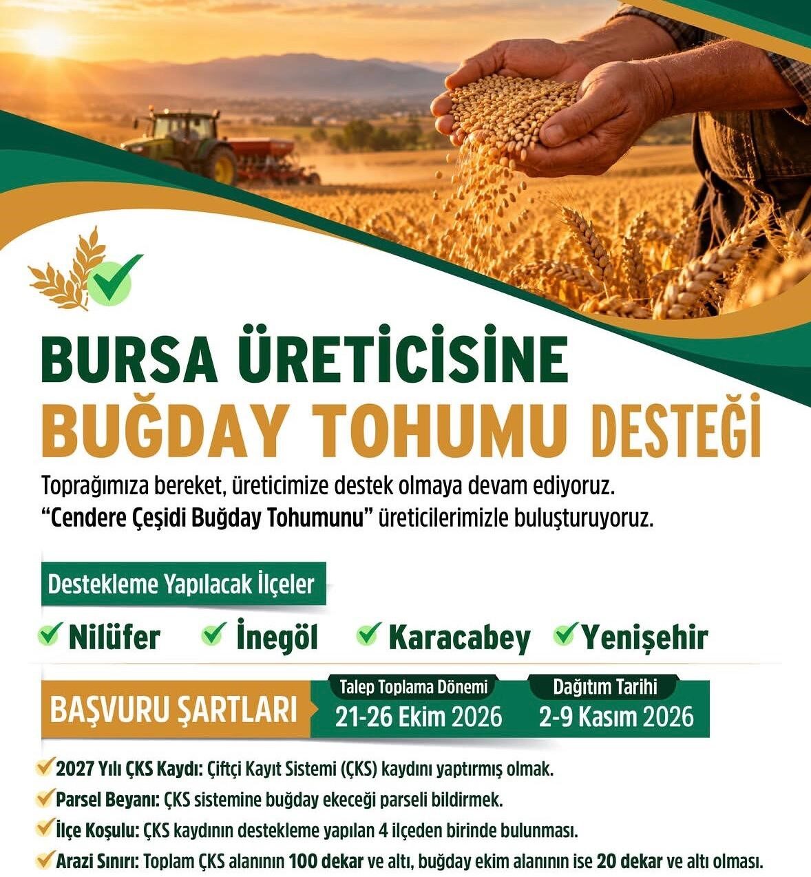 Bursa’da çiftçilere buğday tohumu desteği: Son başvuru 26 Ekim 1 Bülten Medya -