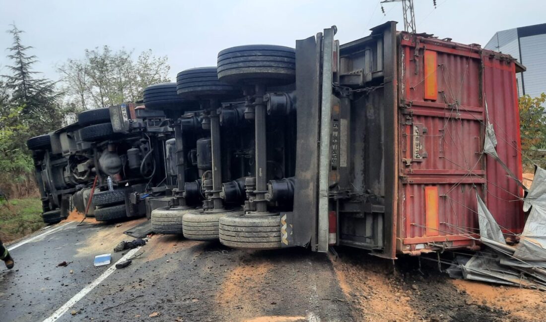 Muratlı’da kepek yüklü tırın devrilmesi sonucu sürücü yaralandı, yola saçılan